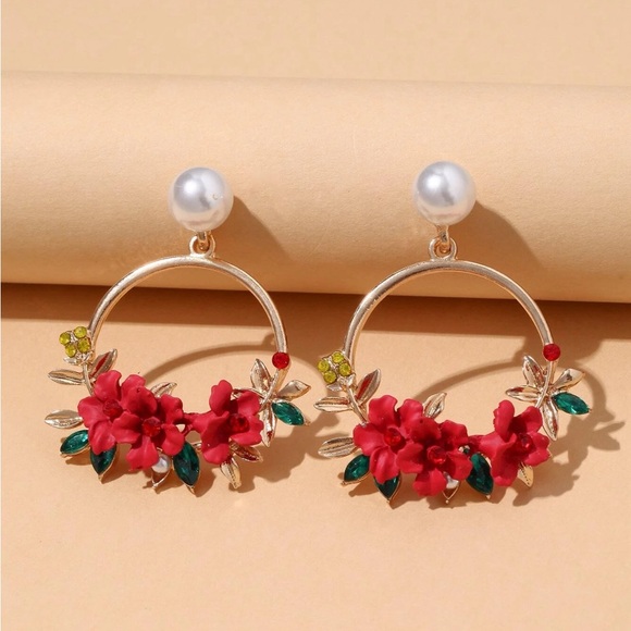 Jewelry - Elegant Red Floral Earrings with Pearl Accents